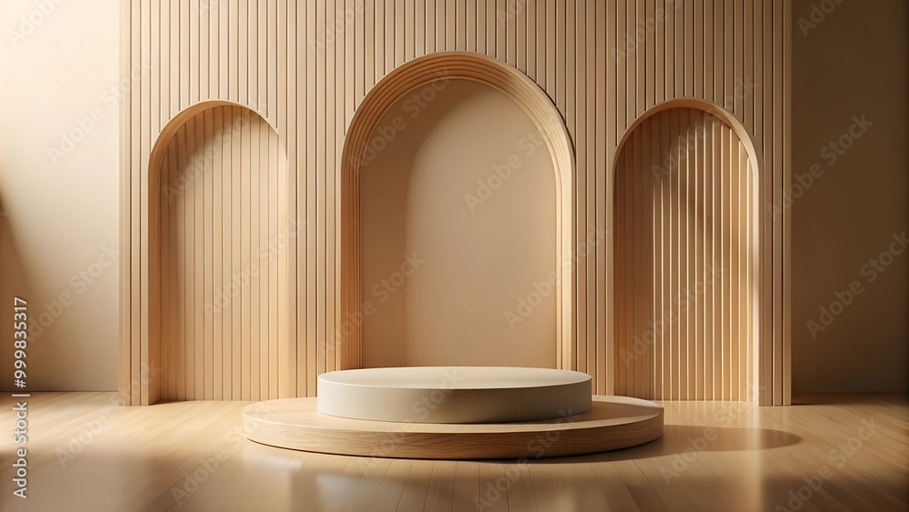 Stylish wooden display with arches and circular platforms, perfect for showcasing products or art. Stylish wooden display with arches and circular platforms, perfect for showcasing products or art.