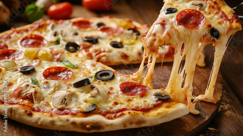 A freshly baked pizza with bubbling cheese and vibrant toppings, set on a rustic wooden table with warm, inviting lighting--mouth-watering and irresistibly delicious