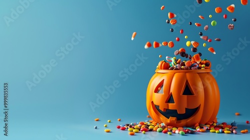 Halloween jack o lantern bucket overflowing with candy side view isolated on a blue background photo