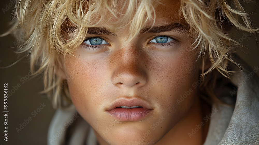 Close Up Portrait of a Young Man with Blonde Hair and Blue Eyes