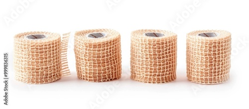 Four Elastic Self Adhesive Bandages Finger Tape Roll Isolated On White Background Skin Color Stretchy Fabric First Aid Wrap Bandages For Wrist Ankle Sprains And Swelling photo