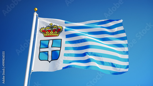 Principality of Seborga flag (2024 new version) waving against clean blue sky, close up, isolated 3d illustration with clipping path mask alpha channel transparency