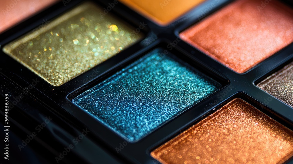 Close-up of a metallic eyeshadow palette with bold shades, no branding, highlighting the vibrant pigments, no people. Close-up of a metallic eyeshadow palette with bold shades, no branding, highlighting the vibrant pigments, no people.