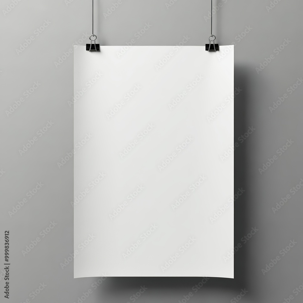 A blank white poster mockup hanging black clips against Soft grey background A blank white poster mockup hanging black clips against Soft grey background