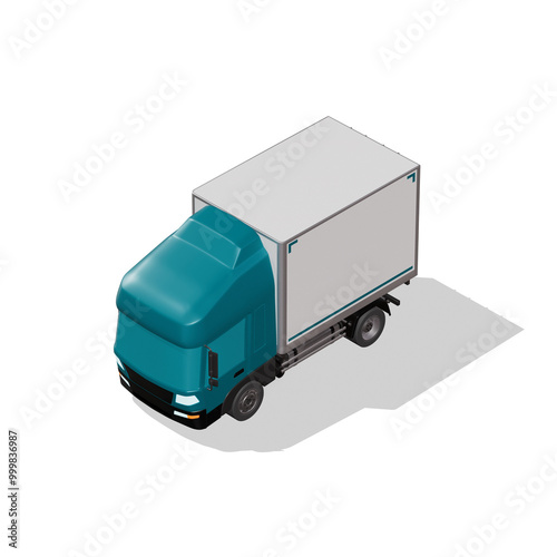 3D Isometric Cargo Truck Photoreal Vector Illustration Modern Cyan Cabine and White Van City Delivery Vehicle 4x2 Design for Logistics and Transport Presentation Social Media Video Promo Front Left photo