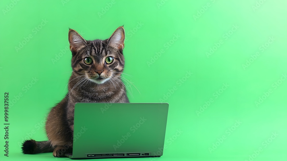 A tabby cat sits confidently at a laptop on a vibrant green background. A tabby cat sits confidently at a laptop on a vibrant green background.