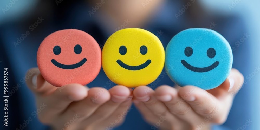 A close-up of a person holding colorful smiley face stones representing happiness and positivity. A close-up of a person holding colorful smiley face stones representing happiness and positivity.