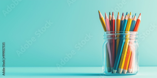 Colorful pencils in a glass jar on turquoise background, symbolizing creativity, education, and art tools, perfect for school, drawing, and artistic projects