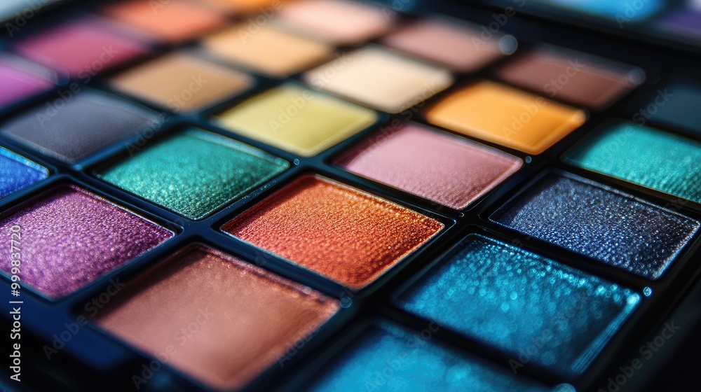 Close-up of a multicolored eyeshadow palette, no logo, focus on the gradient shades, no people, blurred background. Close-up of a multicolored eyeshadow palette, no logo, focus on the gradient shades, no people, blurred background.