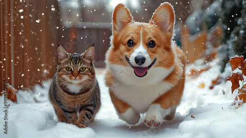 Happy Dog and Cat Playing i...