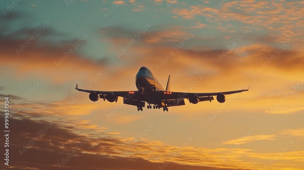 Fototapeta premium Airplane Landing at Sunset