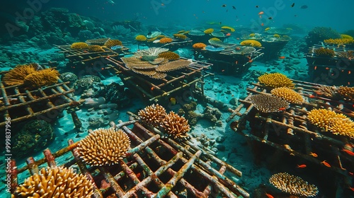 Fototapeta Naklejka Na Ścianę i Meble -  Artificial coral reef installation company, ocean restoration: A team works on installing artificial coral reefs, restoring marine ecosystems and combating the effects of climate change on ocean 