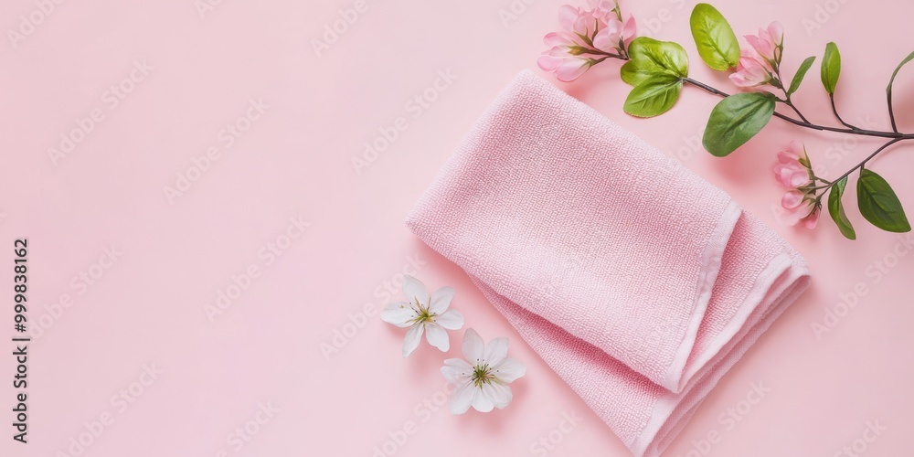 A delicate pink napkin placed on a soft pink background, accompanied by flowers and leaves for a charming, fresh look. A delicate pink napkin placed on a soft pink background, accompanied by flowers and leaves for a charming, fresh look.