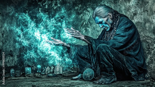 Elder Shaman Sitting with Mystical Energy in Nature