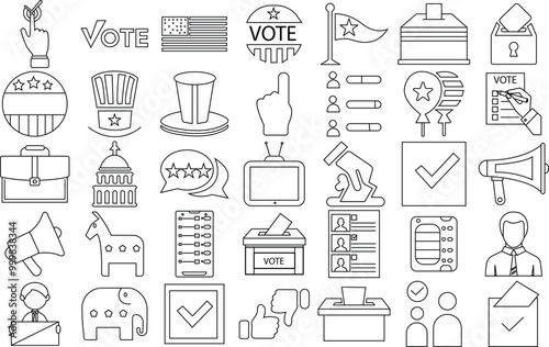 USA Voting and ELECTION icon set for logo and T-Shirt. Thin line art editable stroke.
