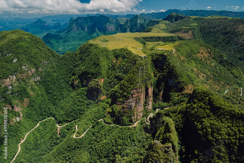 Serpentine road in Espraiado canyons in Santa Catarina, Brazil. Aerial view of landscape photo