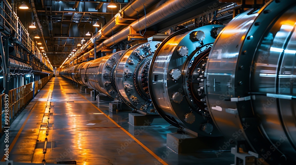 Fototapeta premium Antimatter containment facility, future energy startup: A high-security facility focuses on containing antimatter, aiming to harness this powerful energy source for the next generation of power 