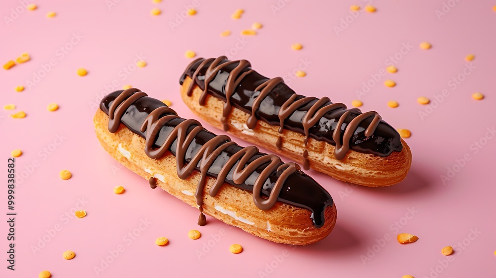 Home made eclairs on pink background Home made eclairs on pink background