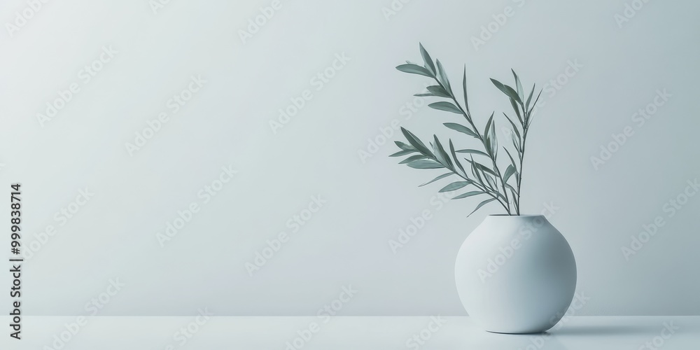 A minimalist white vase with green leaves against a soft background, perfect for home decor and interior design inspiration. A minimalist white vase with green leaves against a soft background, perfect for home decor and interior design inspiration.
