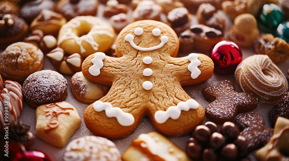 Smiling Gingerbread man cookie surrounded by an assortment of holiday treats, perfect for cheerful winter family gatherings Smiling Gingerbread man cookie surrounded by an assortment of holiday treats, perfect for cheerful winter family gatherings