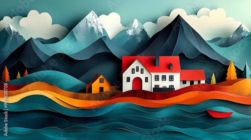 Paper Cut Mountains with a House by the Water