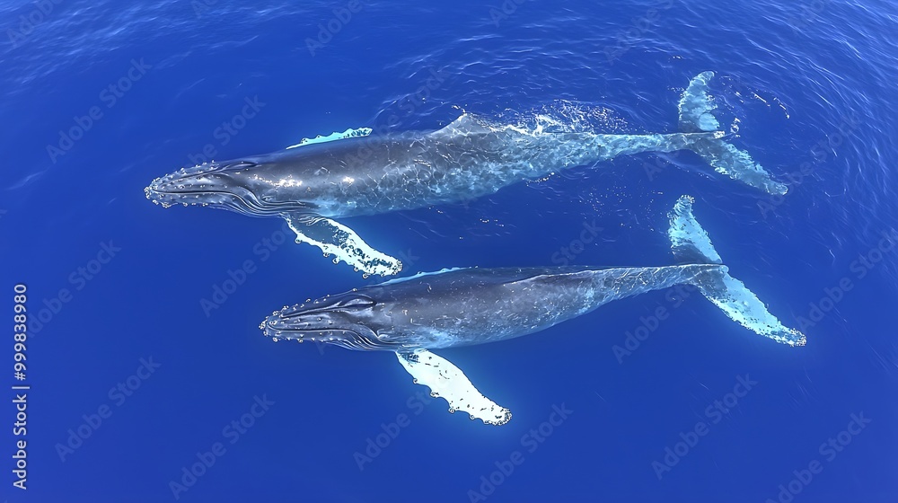 Fototapeta premium Two majestic humpback whales swimming gracefully in deep blue ocean waters.