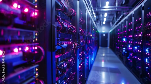 Cryptocurrency mining farm, rows of powerful computers: Rows of powerful computers hum in a cryptocurrency mining farm, their relentless processing power driving the blockchain and generating  photo