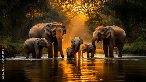 Elephants Play in Water Gol...