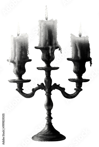 candle holder with three candles isolated retro grunge halftone dotted texture vintage collage element