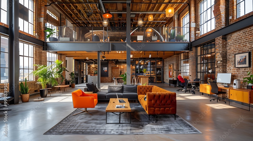 Co-working space in renovated industrial loft: A renovated industrial loft serves as a vibrant co-working space, where freelancers and startups share ideas and resources in a creative, open Co-working space in renovated industrial loft: A renovated industrial loft serves as a vibrant co-working space, where freelancers and startups share ideas and resources in a creative, open