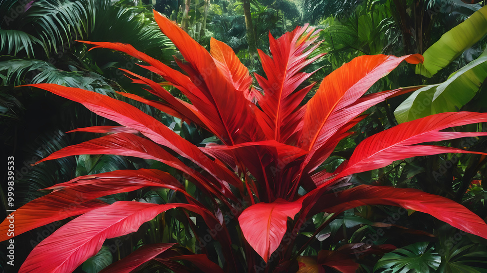 Fototapeta premium Lush, Colorful Tropical Leaves Against a Deep Background