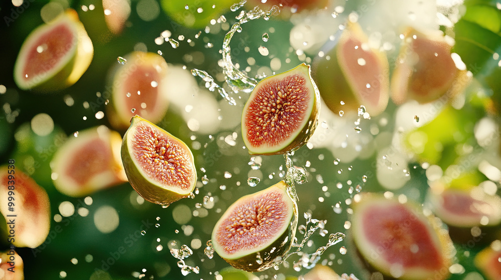 Surrealism style with figs splashing in water against a green background, showcasing delicate textures and fresh colors, creating a juicy feeling with vibrant natural light. Surrealism style with figs splashing in water against a green background, showcasing delicate textures and fresh colors, creating a juicy feeling with vibrant natural light.