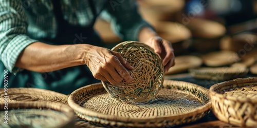 A skilled artisan creates a beautiful woven basket, showcasing traditional craft and technique with natural materials. photo