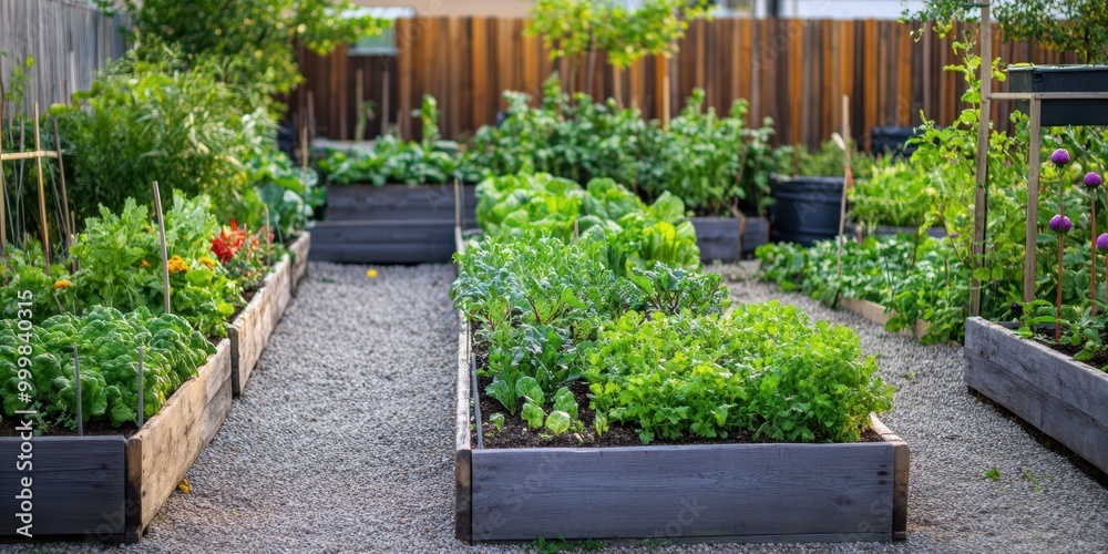 A vibrant home garden featuring neatly arranged vegetable beds filled with fresh greens and herbs, set in a tranquil outdoor space. A vibrant home garden featuring neatly arranged vegetable beds filled with fresh greens and herbs, set in a tranquil outdoor space.