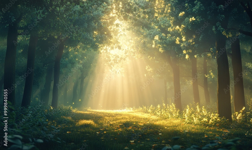 Sunlight streaming through a serene forest Sunlight streaming through a serene forest
