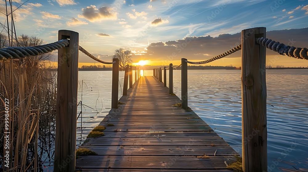 Fototapeta premium Lake at sunset wooden posts with ropes