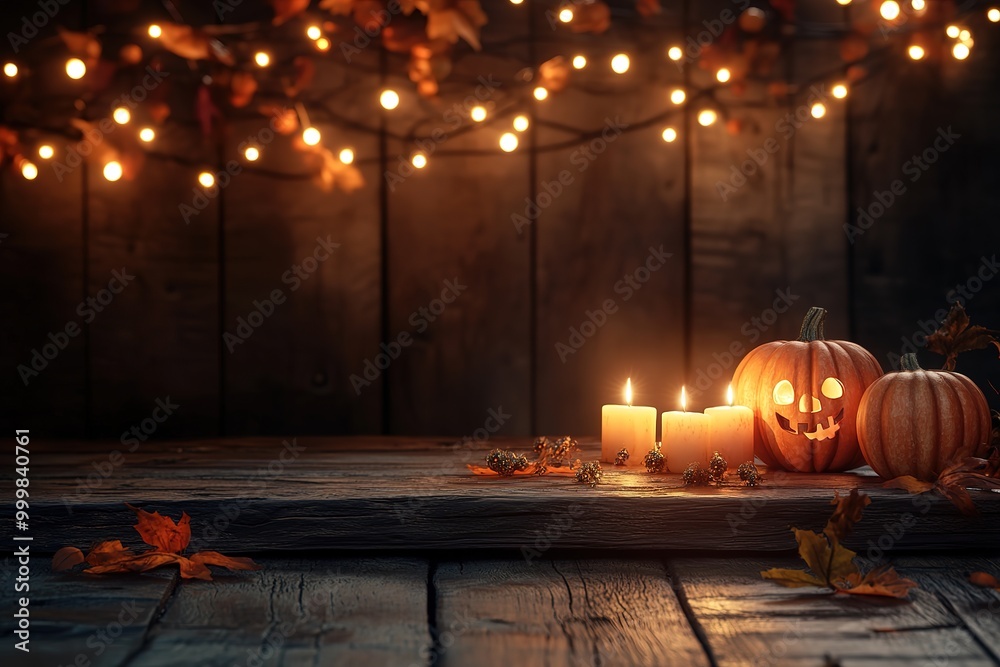 Obraz premium Pumpkins and candles on a wooden table. Thanksgiving holiday and autumn harvest festival concept. 