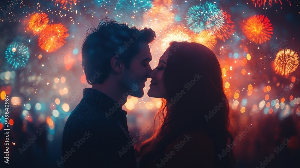 Romantic New Years Eve Kiss Under Fireworks Romantic New Years Eve Kiss Under Fireworks