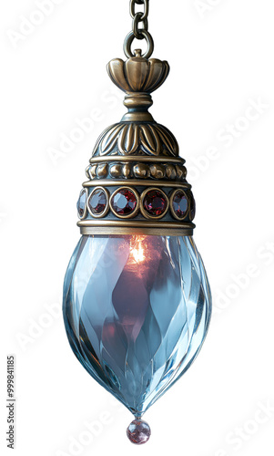  a pendant light hanging from a chain. The pendant is in the shape of a teardrop with a blue glass body and a gold-colored metal frame.  photo