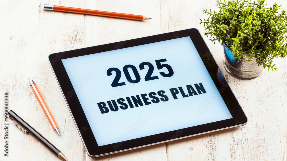 Tablet displaying 2025 Business Plan on a wooden desk with pens and a small plant. Tablet displaying 2025 Business Plan on a wooden desk with pens and a small plant.