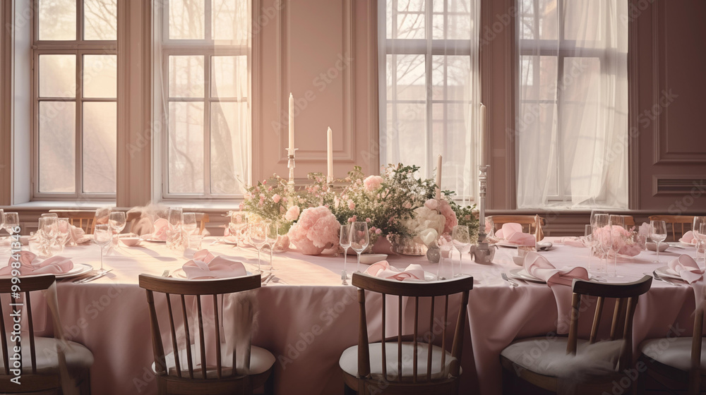 Fototapeta premium The dining table is covered with a light pink silk tablecloth.