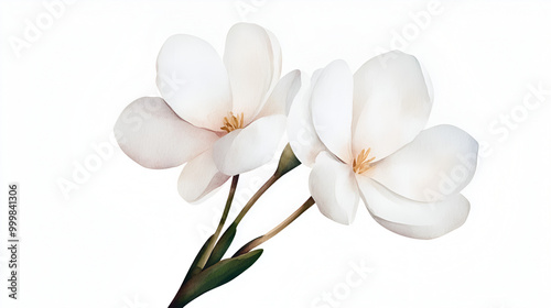 Watercolor snowdrop, soft white petals, isolated on white, delicate shading, minimalistic design., ready to bring joy to any space , cartoon drawing, water color style