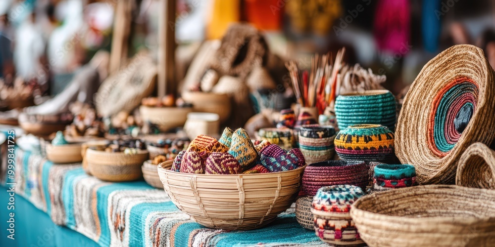 Colorful handmade baskets and crafts displayed at a vibrant market, showcasing artisan skills and cultural heritage. Colorful handmade baskets and crafts displayed at a vibrant market, showcasing artisan skills and cultural heritage.
