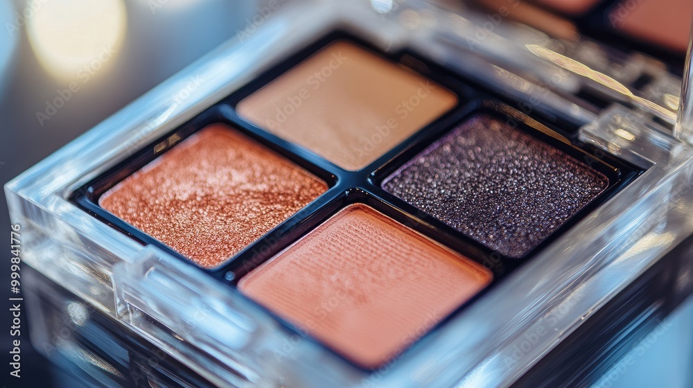 Close-up of an eyeshadow quad in a clear plastic package, no logo, focused on the contrasting hues, no people. Close-up of an eyeshadow quad in a clear plastic package, no logo, focused on the contrasting hues, no people.