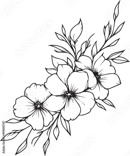 Floral flower outline vector art on a white background, Black outline drawing of floral flowers. 
