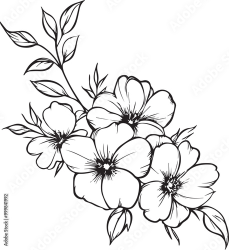 Floral flower outline vector art on a white background, Black outline drawing of floral flowers. 