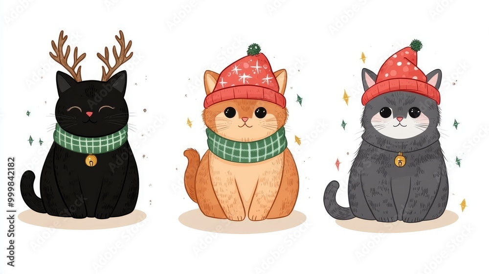 Adorable Christmas cats donned in Santa hats and festive scarves capturing the joy of the holiday season in digital art