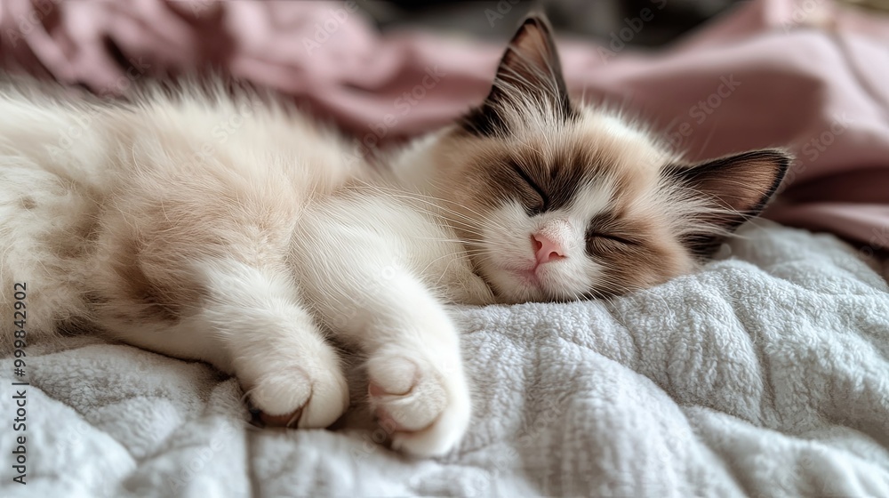 A fluffy cat peacefully sleeping on a cozy blanket, showcasing its soft fur and tranquil demeanor. A fluffy cat peacefully sleeping on a cozy blanket, showcasing its soft fur and tranquil demeanor.