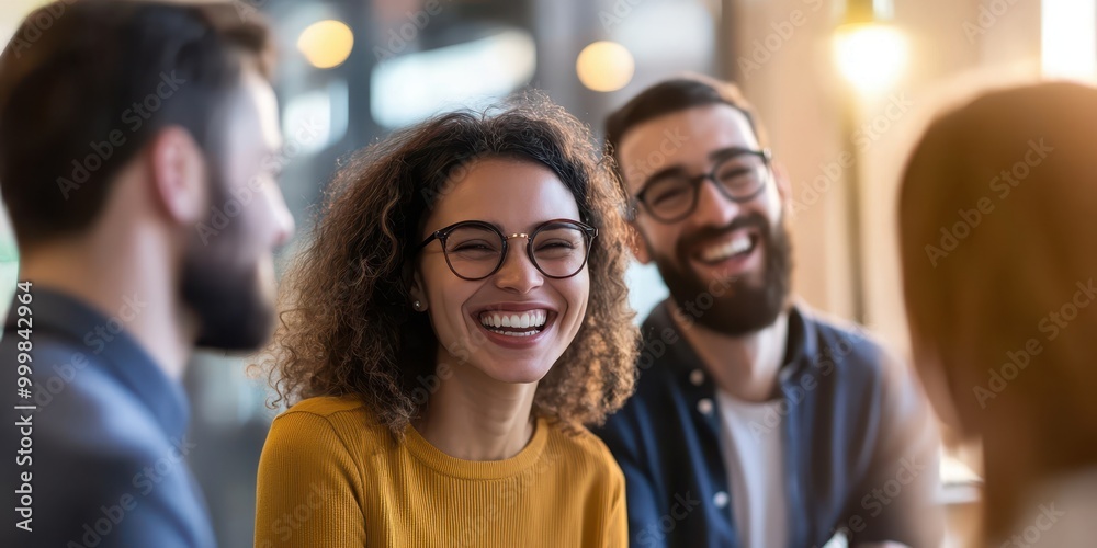 Group of friends laughing and enjoying a joyful moment together in a cozy cafe setting. Group of friends laughing and enjoying a joyful moment together in a cozy cafe setting.