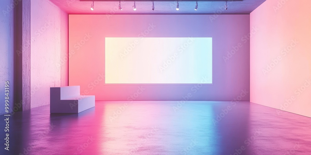 Modern art gallery with colorful lighting, showcasing a minimalist design and blank canvas for creative expression. Modern art gallery with colorful lighting, showcasing a minimalist design and blank canvas for creative expression.